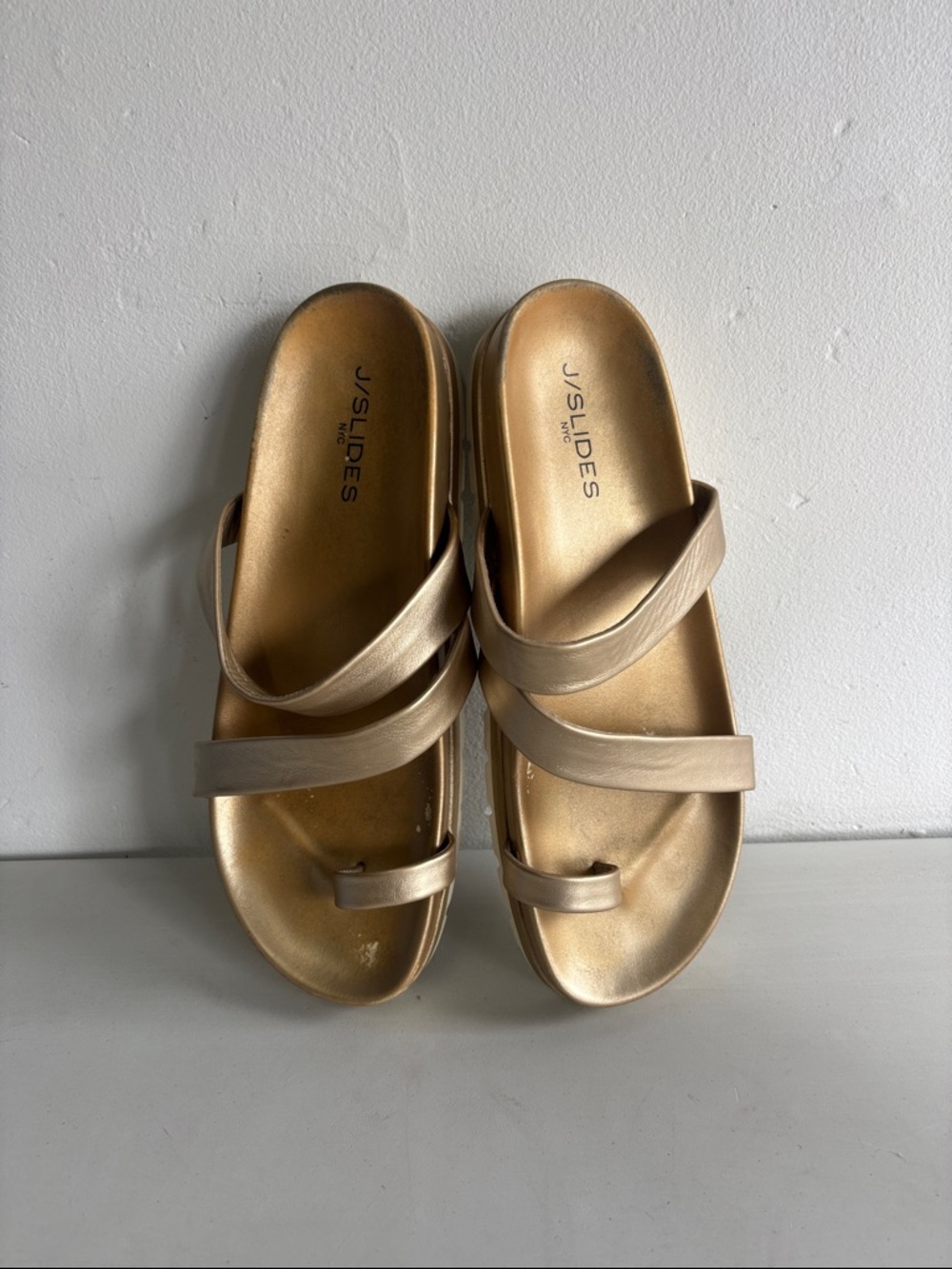 J/Slides Gold Metallic Triple-Strap Slide Sandals